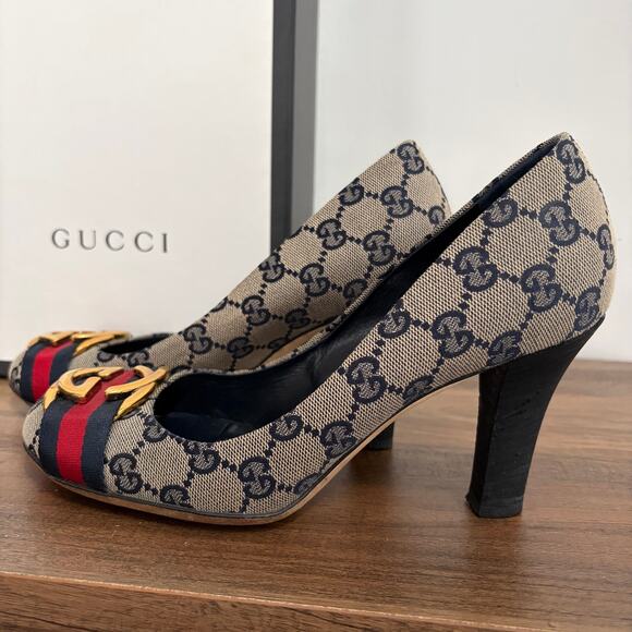 GUCCI Interlocking GG Monogram Web Canvas Heels 37.5 Box Authenticated COA 7.5 - Picture 7 of 14